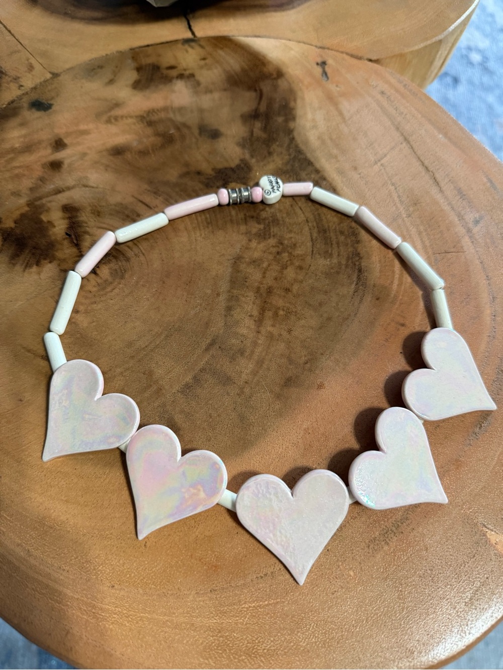 Iridescent Ceramic Pink Heart Bead Choker Necklace